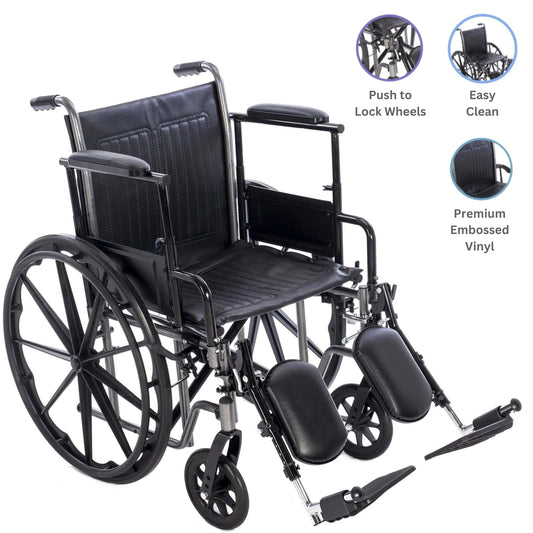 Black wheelchair with features highlighted on a white background

