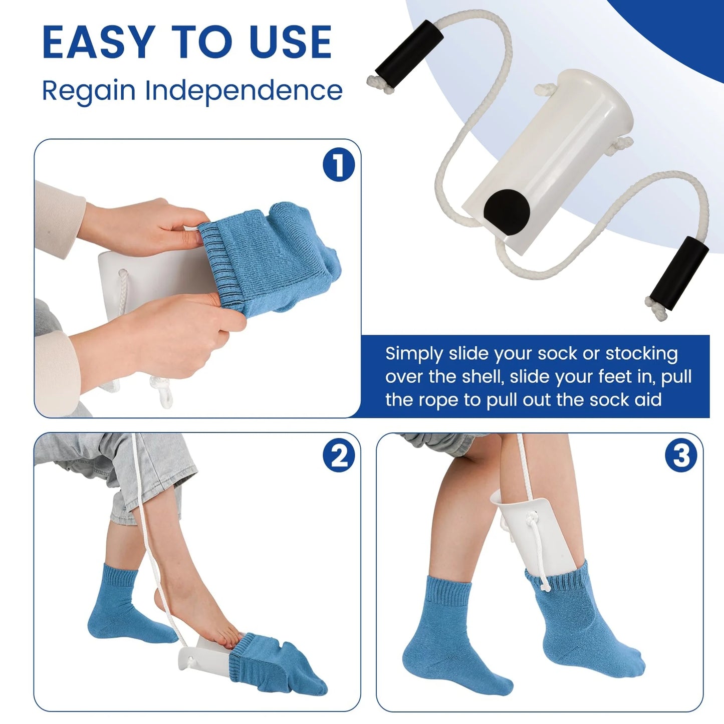 Instructions on how to use a sock aid device with text 'Easy to Use' and 'Regain Independence'.