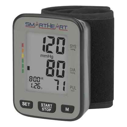 Wrist blood pressure monitor with digital display on a white background