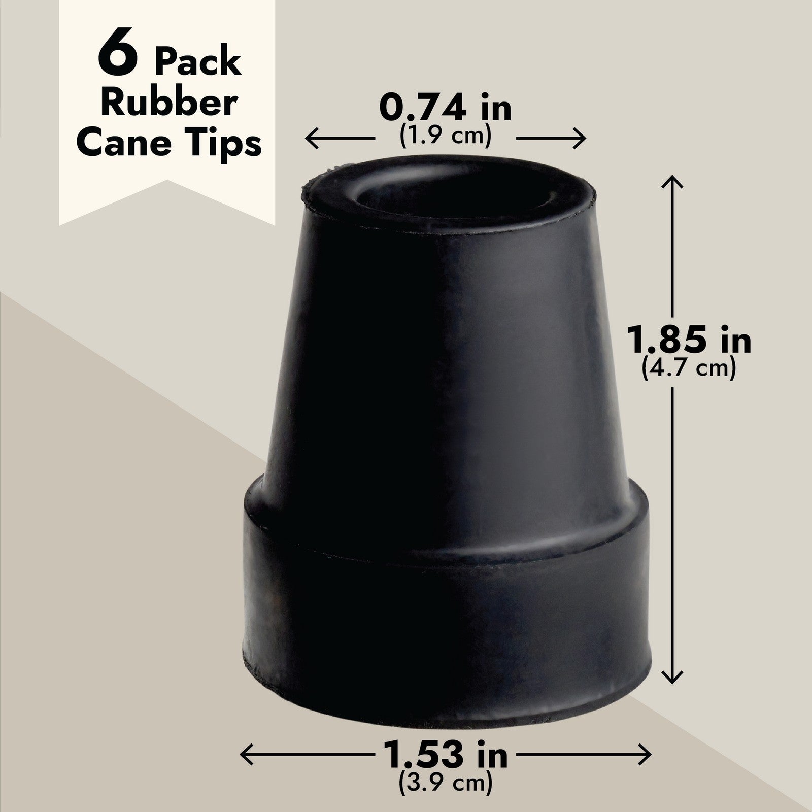 Black rubber cane tip with measurements on a beige background

