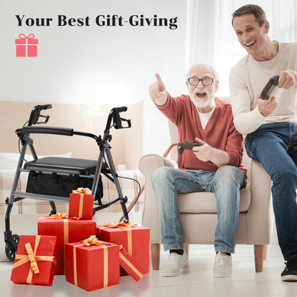 Two men playing video games with a walker and presents in the foreground

