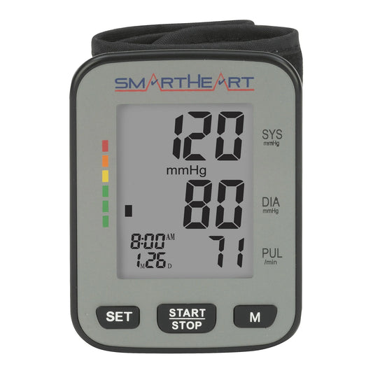 Digital blood pressure monitor with brand 'Smartheart' on a white background