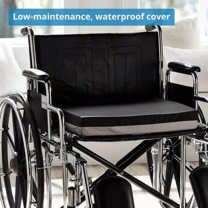 Wheelchair with a black cushion cover on a blurred indoor background

