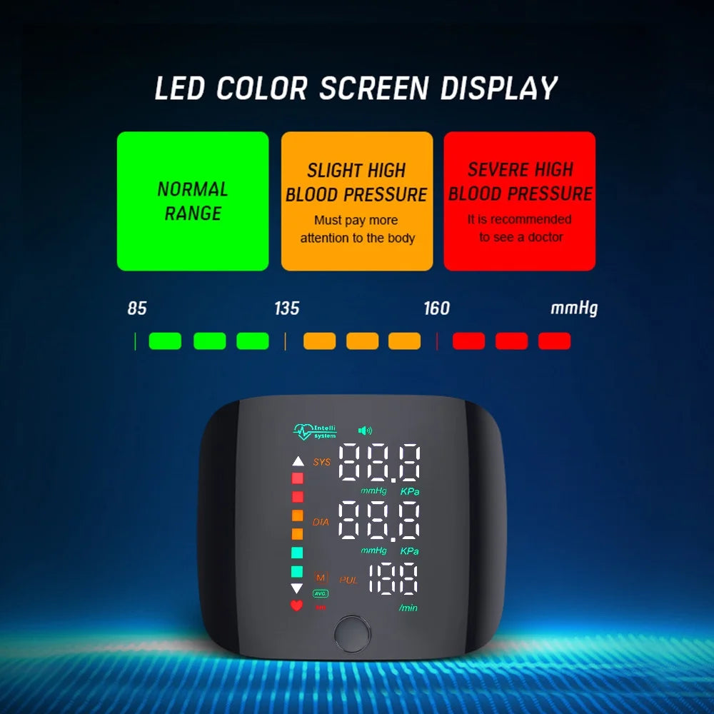 Blood pressure monitor with LED color screen display on a dark background

