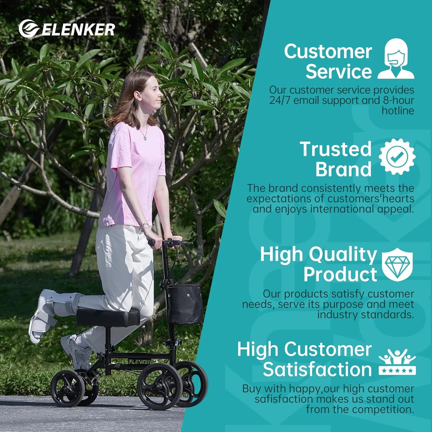 Person using a walker with ELENKER branding and promotional text about customer service, brand trust, product quality, and customer satisfaction.

