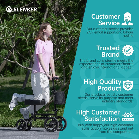 Person using a walker with ELENKER branding and promotional text about customer service, brand trust, product quality, and customer satisfaction.

