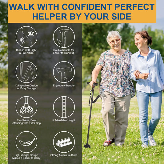 Walking Canes for Men and Women, Foldable, Adjustable, Aluminum Canes with LED Flashlight, Fall Alarm, Free Standing Cane, Pivot Tip, Heavy Duty Walking Sticks for Seniors & Adults