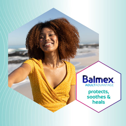 Woman taking a selfie on a beach with Balmex logo overlay

