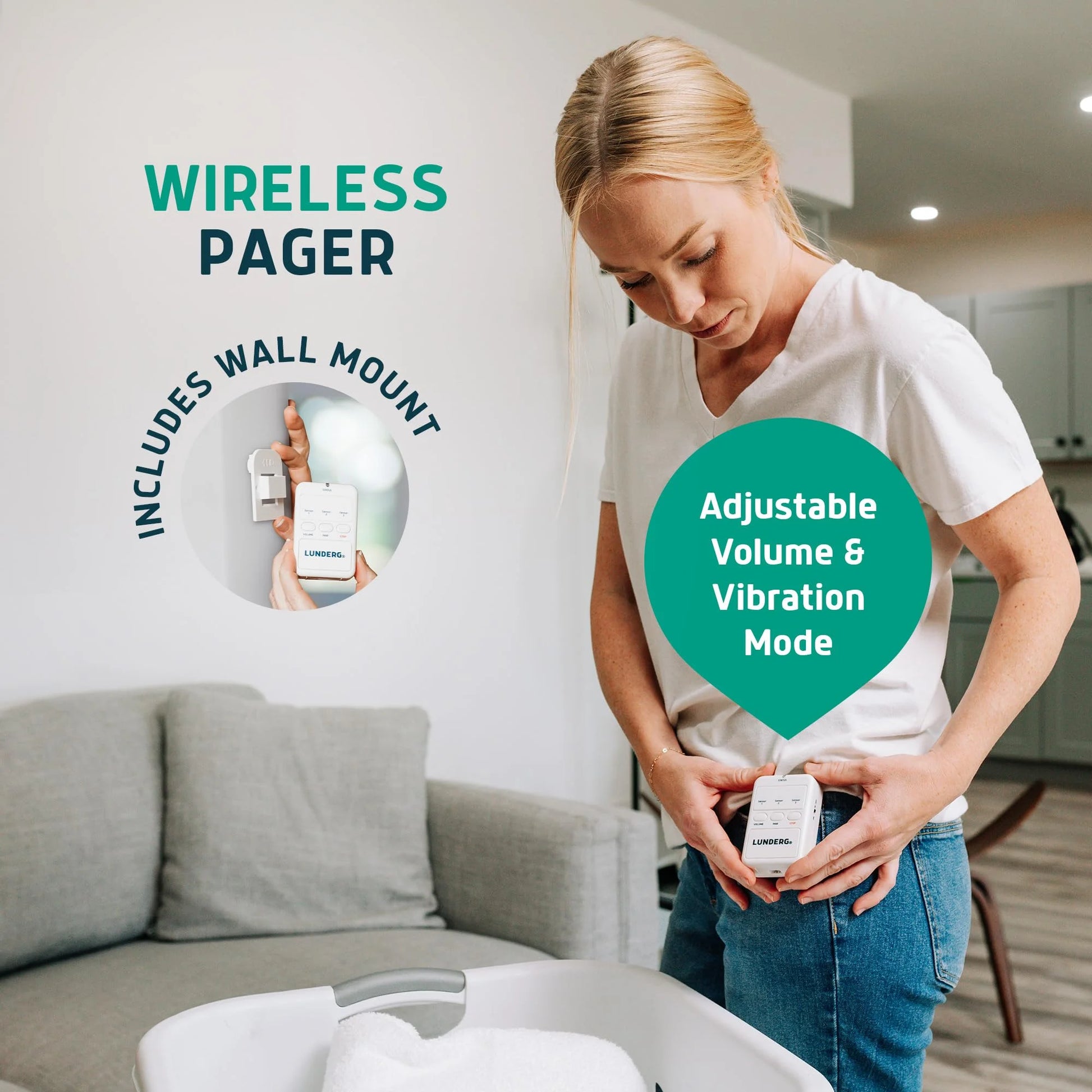 Woman holding a wireless pager with text about features on a white wall background