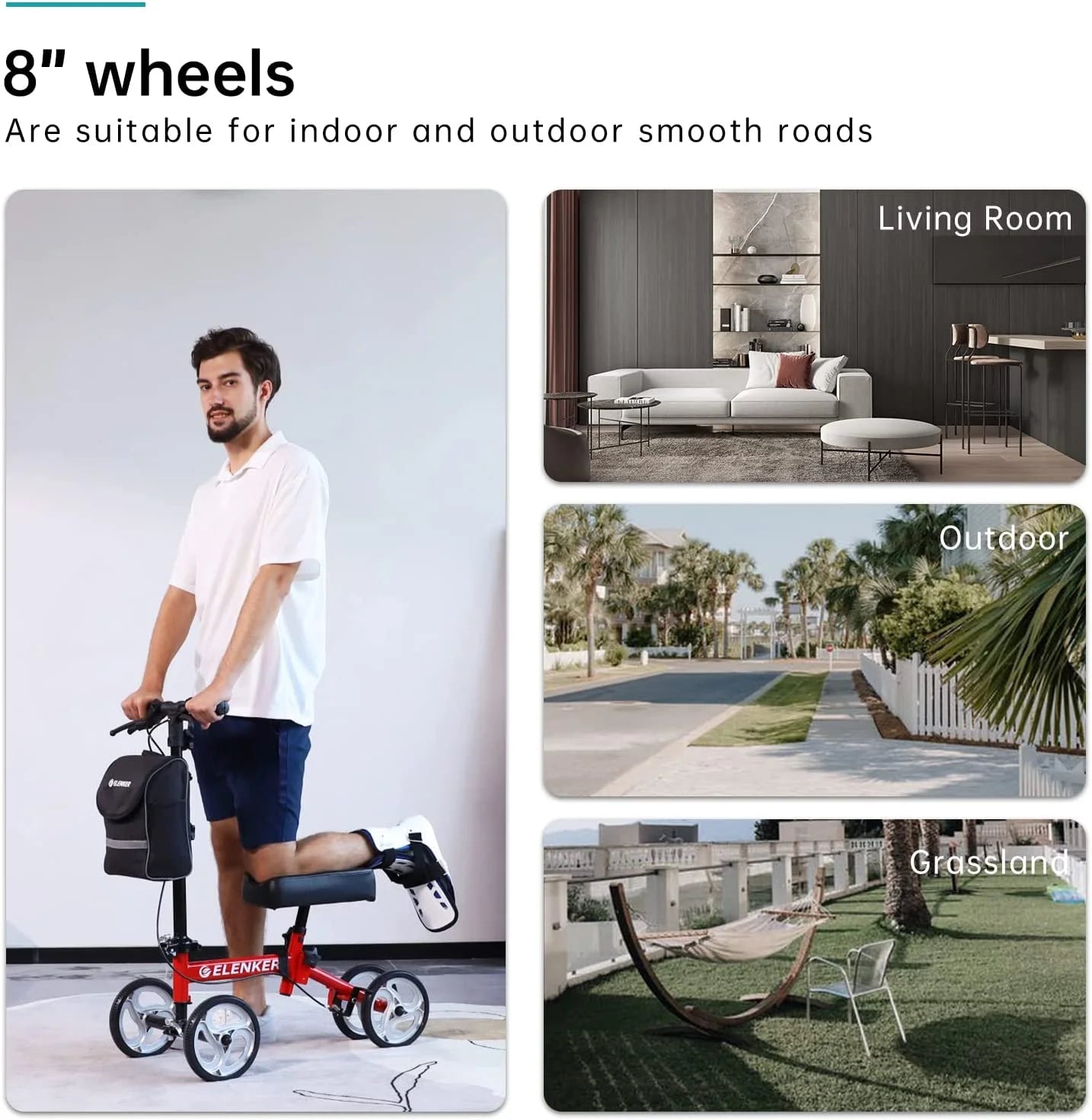 Man with a scooter in a living room, outdoor scene with grass and trees, and text about 8-inch wheels suitability.

