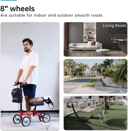 Man with a scooter in a living room, outdoor scene with grass and trees, and text about 8-inch wheels suitability.


