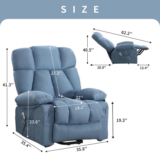 Blue recliner chair with dimensions labeled on a white background