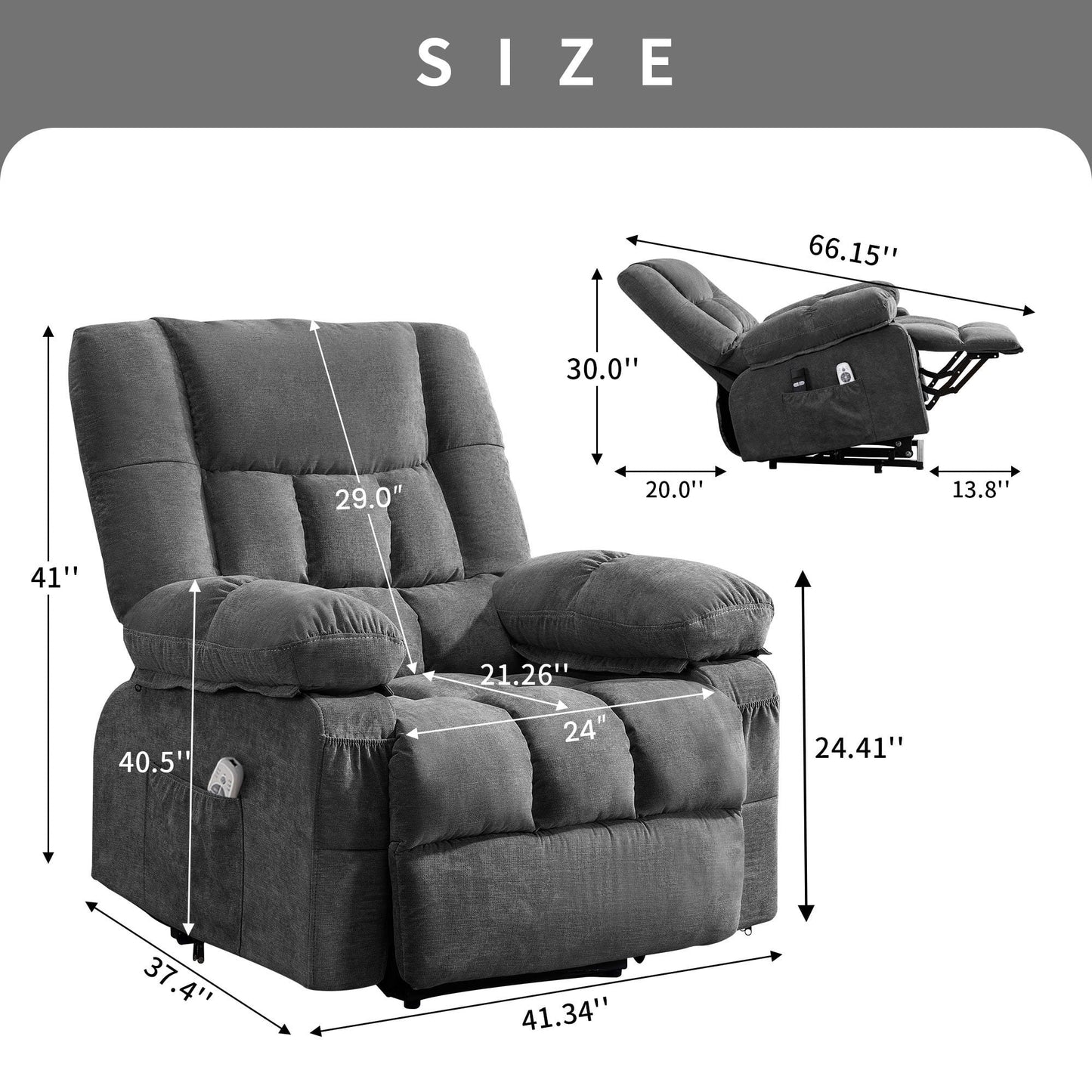 Gray recliner chair with dimensions labeled on a white background