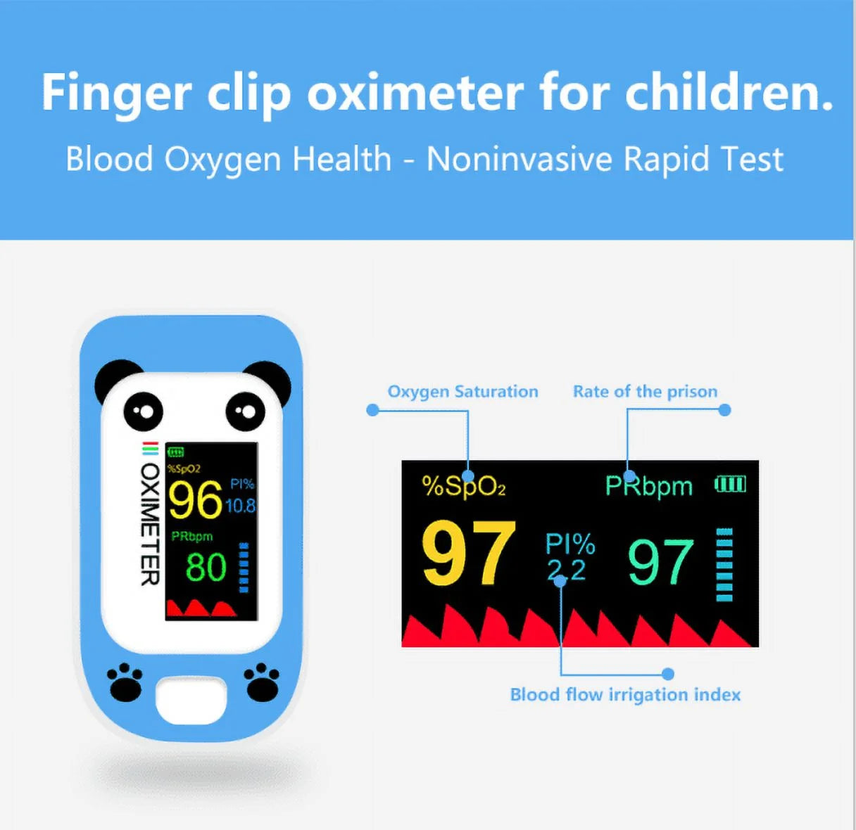 Finger clip oximeter for children with panda design on a blue background