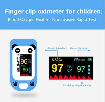 Finger clip oximeter for children with panda design on a blue background