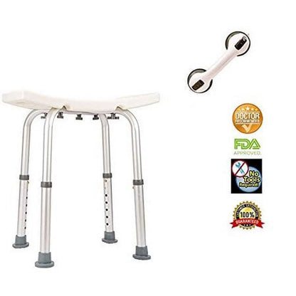 Adjustable shower stool with shower grab bar on a white background, featuring certification logos.

