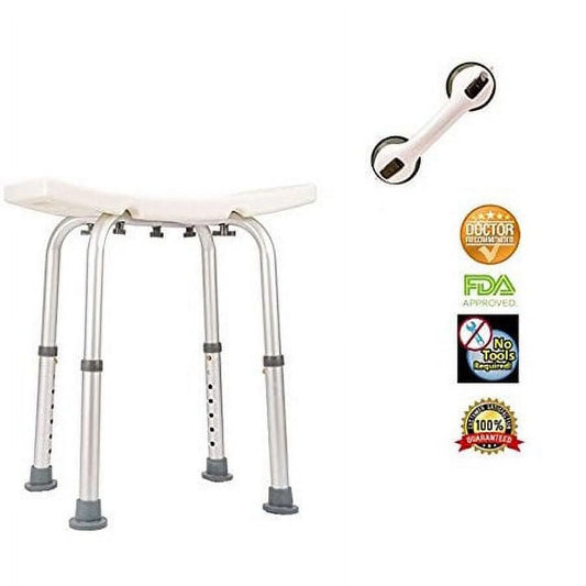 Adjustable shower stool with shower grab bar on a white background, featuring certification logos.

