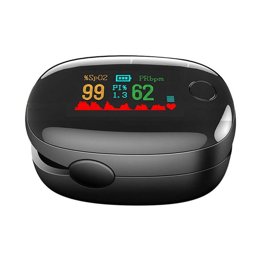 Black pulse oximeter on a white background

