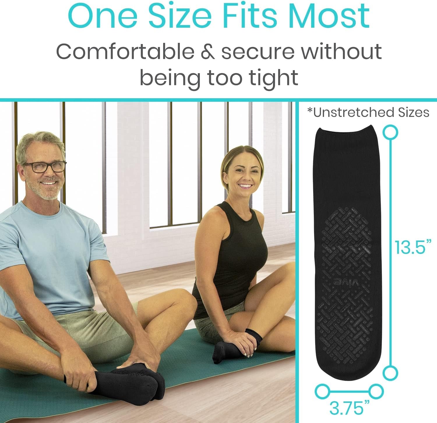 Man and woman sitting on a yoga mat wearing black socks with text about comfort and fit.