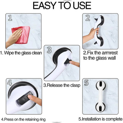 Step-by-step installation guide for a glass cleaning tool with text 'EASY TO USE'.

