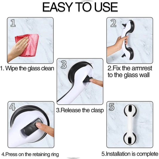 Step-by-step installation guide for a glass cleaning tool with text 'EASY TO USE'.

