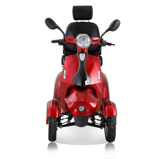Red mobility scooter with black seat on a white background