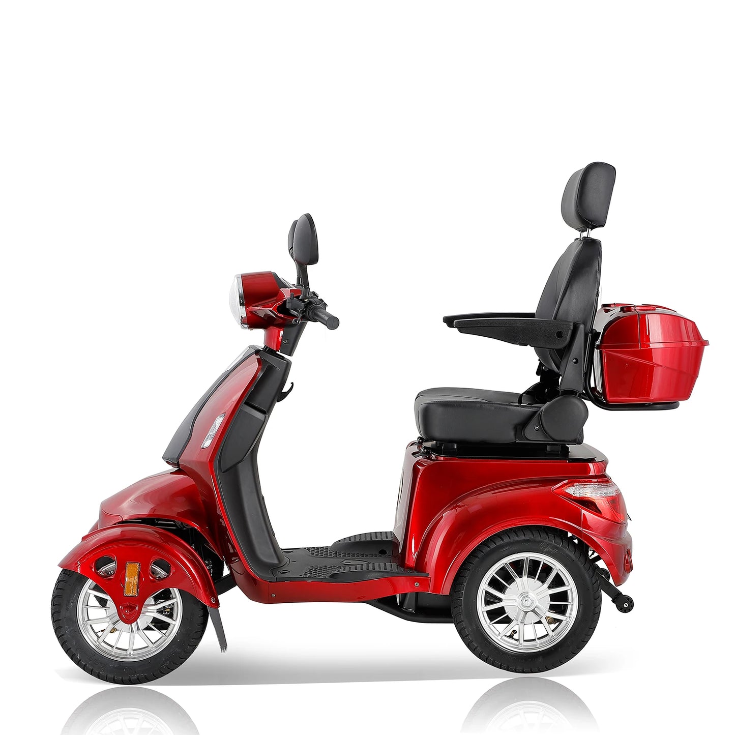 Red four-wheeled mobility scooter with a black seat on a white background