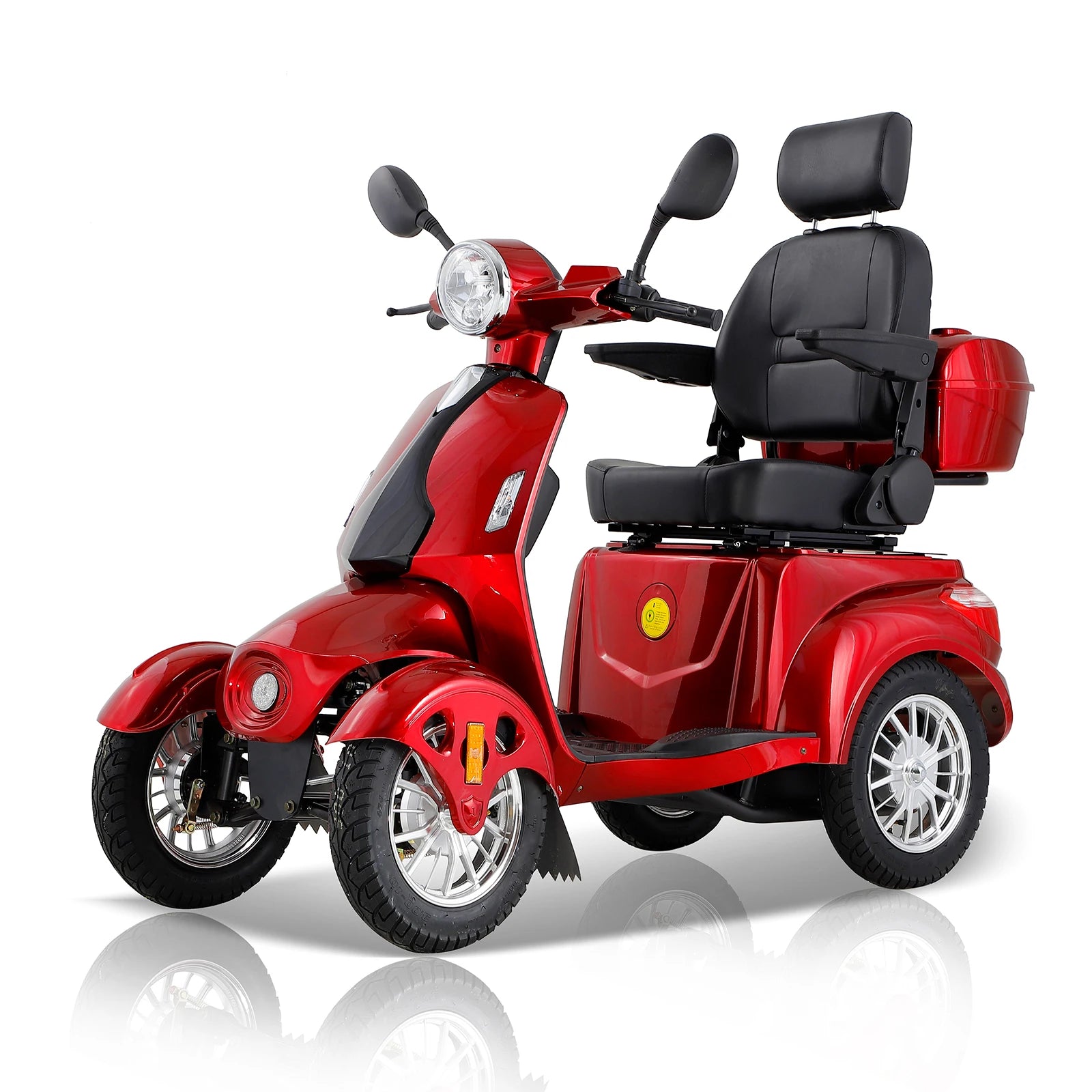 Red four-wheeled mobility scooter on a white background