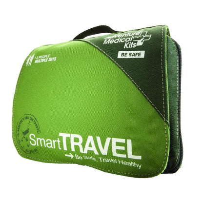 Green travel kit with 'Smart Travel' branding on a white background

