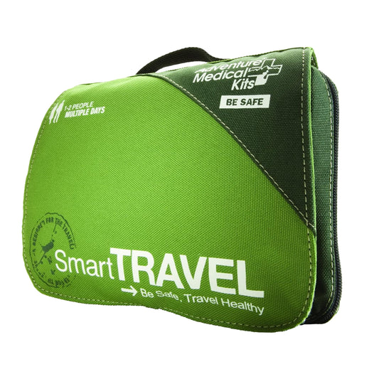 Green travel kit with 'Smart Travel' branding on a white background

