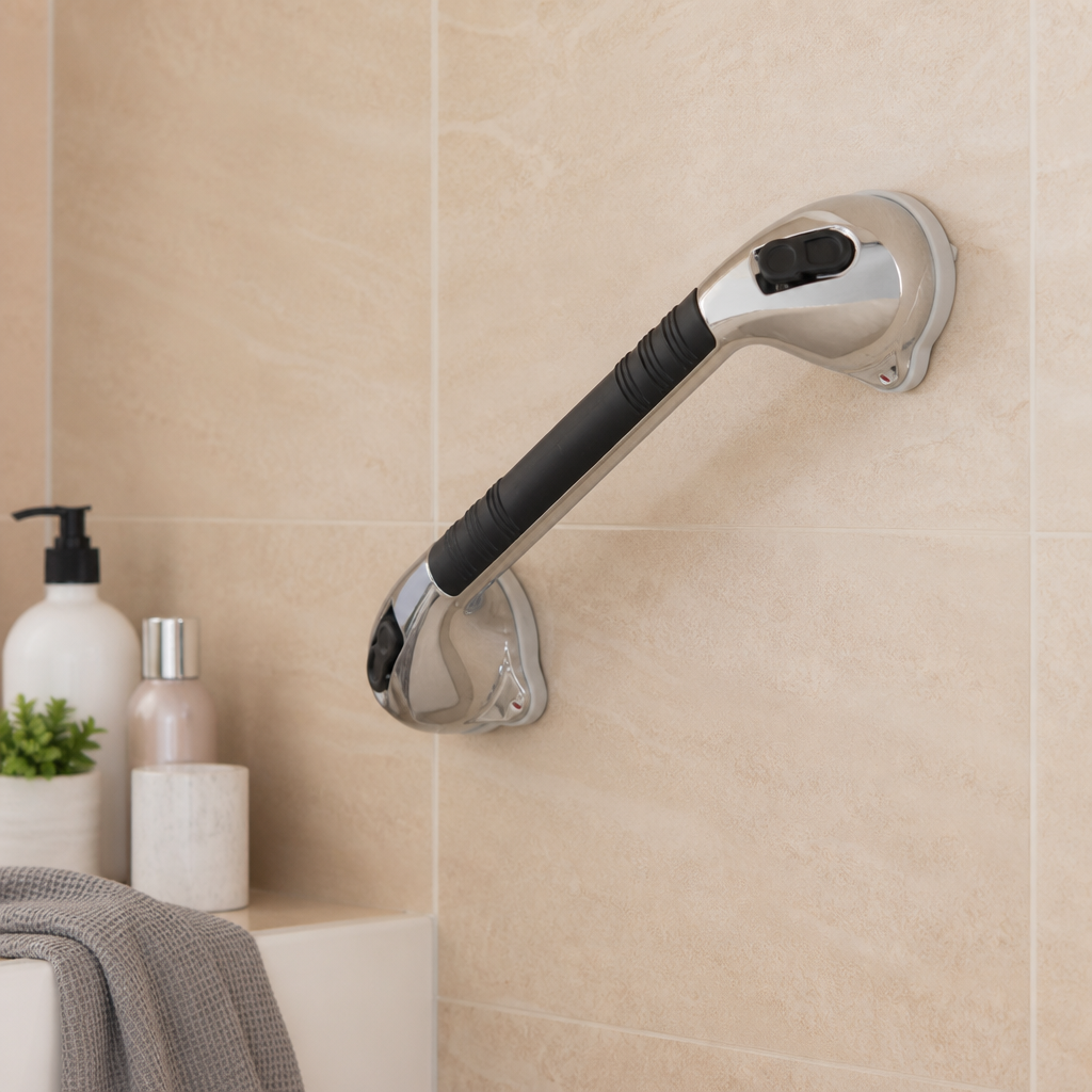 A wall-mounted chrome grab bar with a black textured grip handle, shown installed on a beige tiled bathroom wall next to a sink.