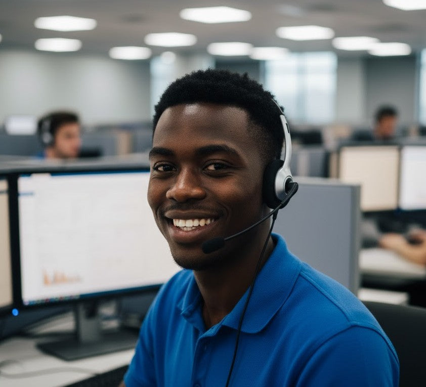 Person wearing a headset in an office setting with multiple monitors and colleagues.