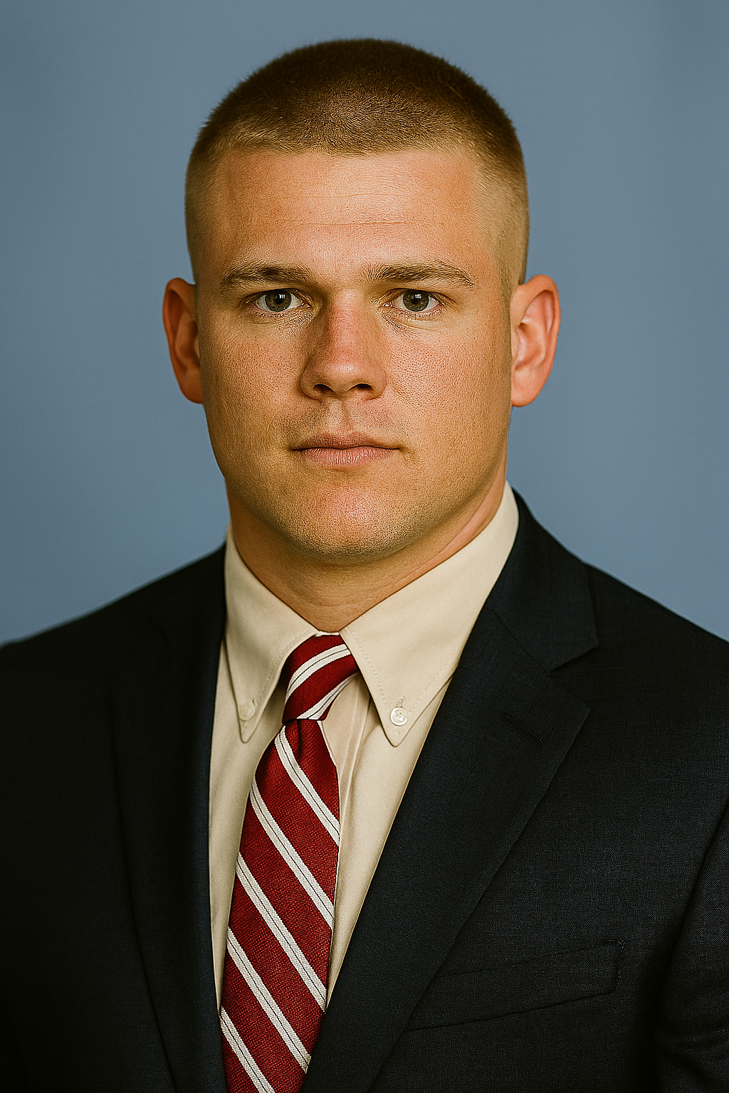 Man wearing a dark suit with a red and white striped tie against a blue background