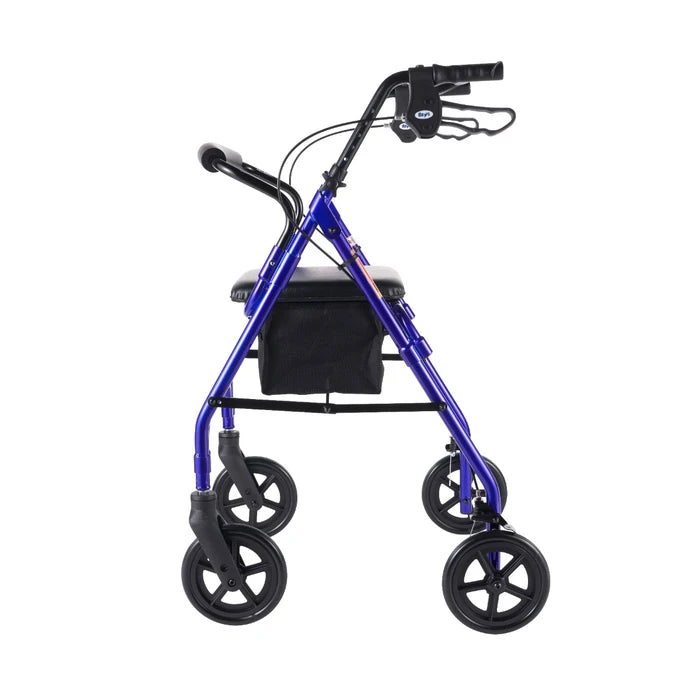 Blue walker with four wheels on a white background