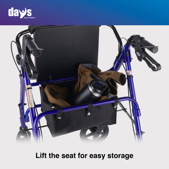 Blue walker with a black seat and storage bag, featuring the brand 'days'.