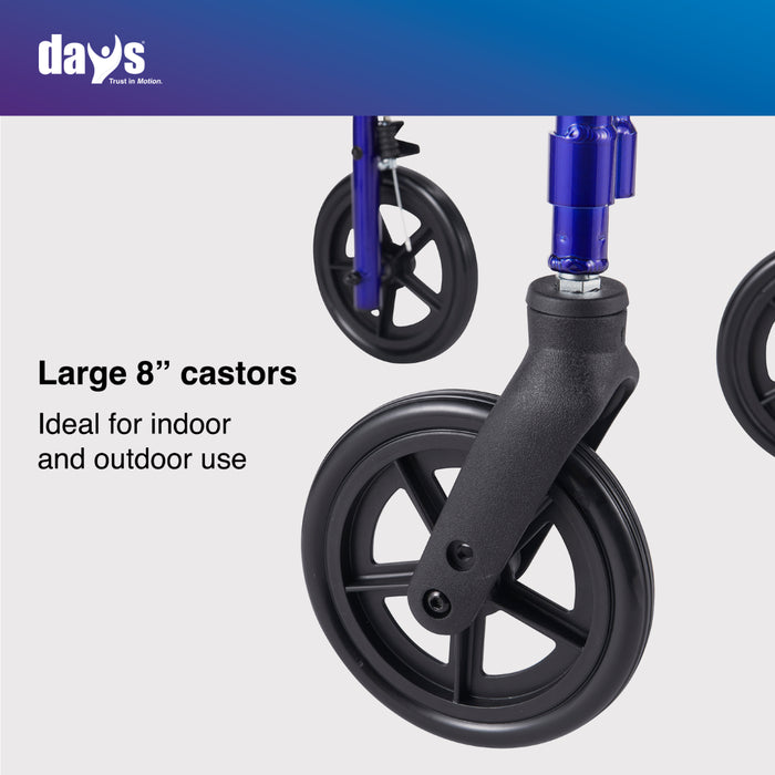 Close-up of large 8-inch castors with 'days' branding on a white background
