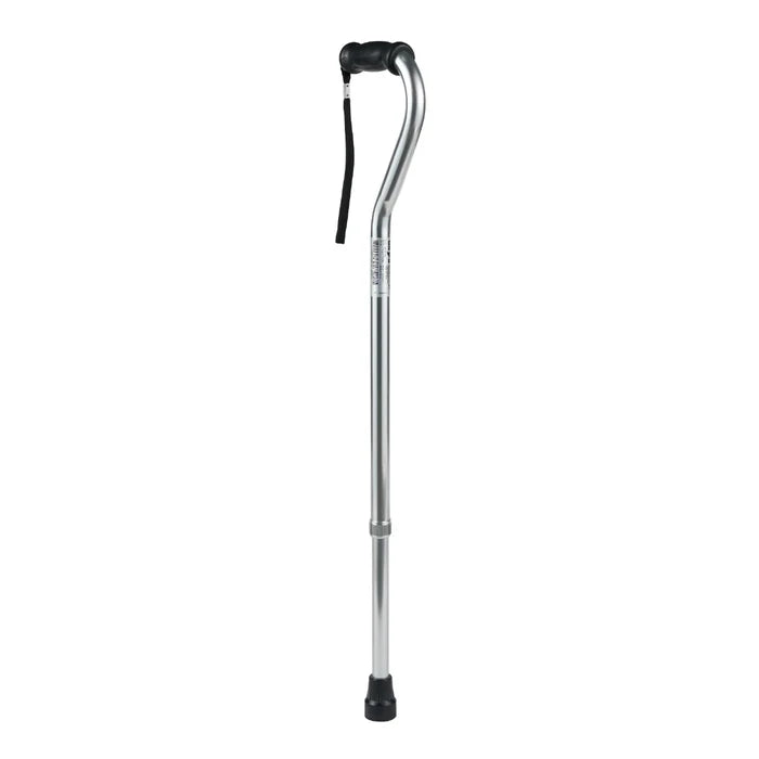 Silver walking cane with black ends on a white background