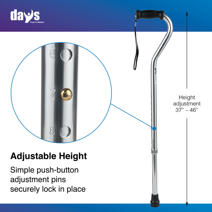 Adjustable height walking cane with close-up of mechanism and measurement details on a blue and white background.