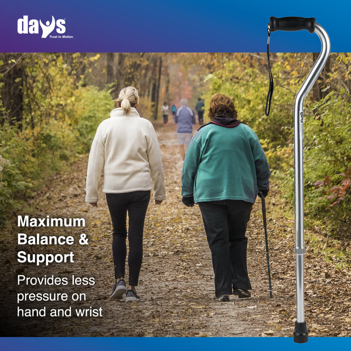 Two people walking on a trail with a cane, promoting 'Maximum Balance & Support' product.