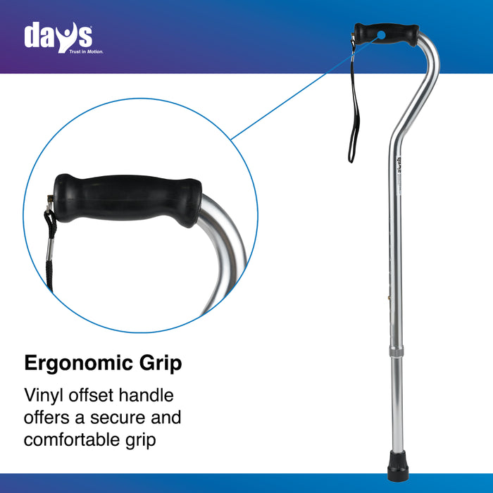 Walking cane with ergonomic grip and Days logo on a blue and white background