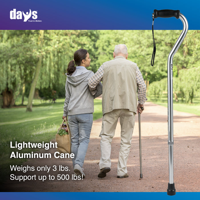 Two people walking with a cane, with promotional text for a lightweight aluminum cane.