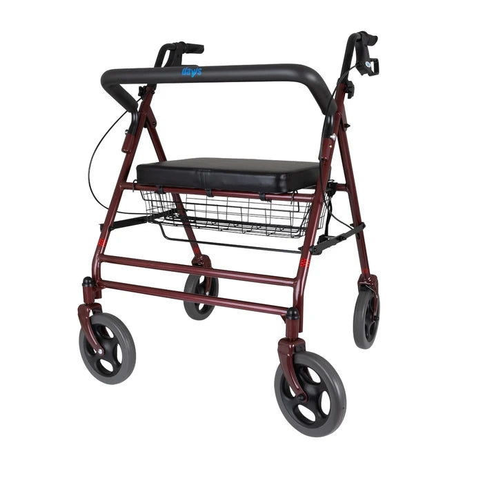 Red walker with a seat and basket on a white background
