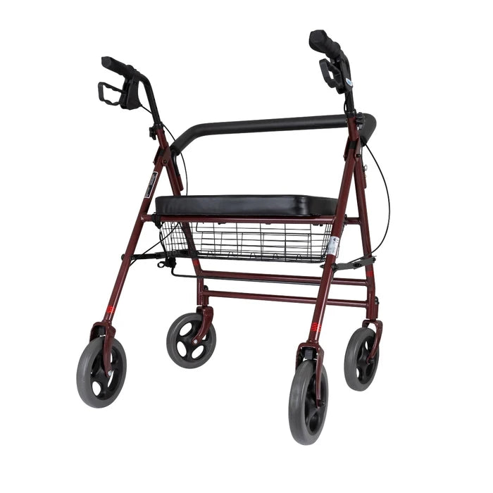 Red rollator with wheels on a white background