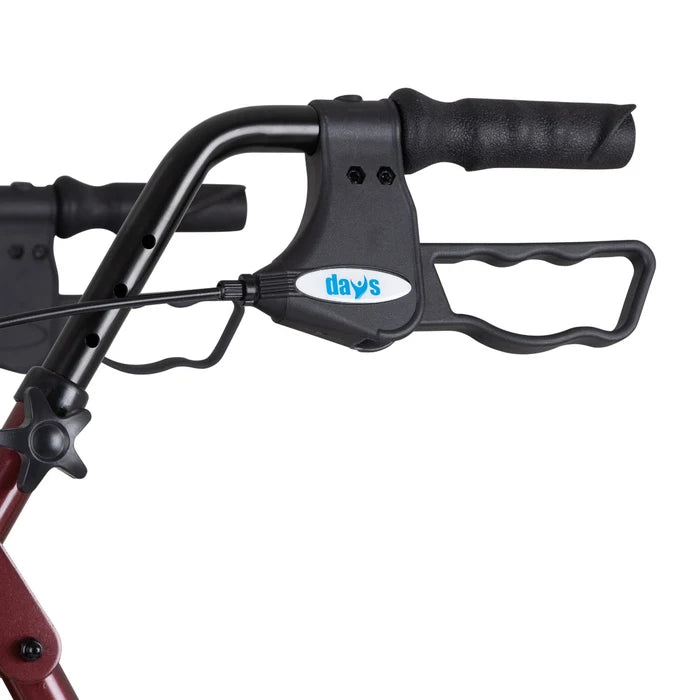 Close-up of a black rollator handlebar with a Days brand logo on a white background
