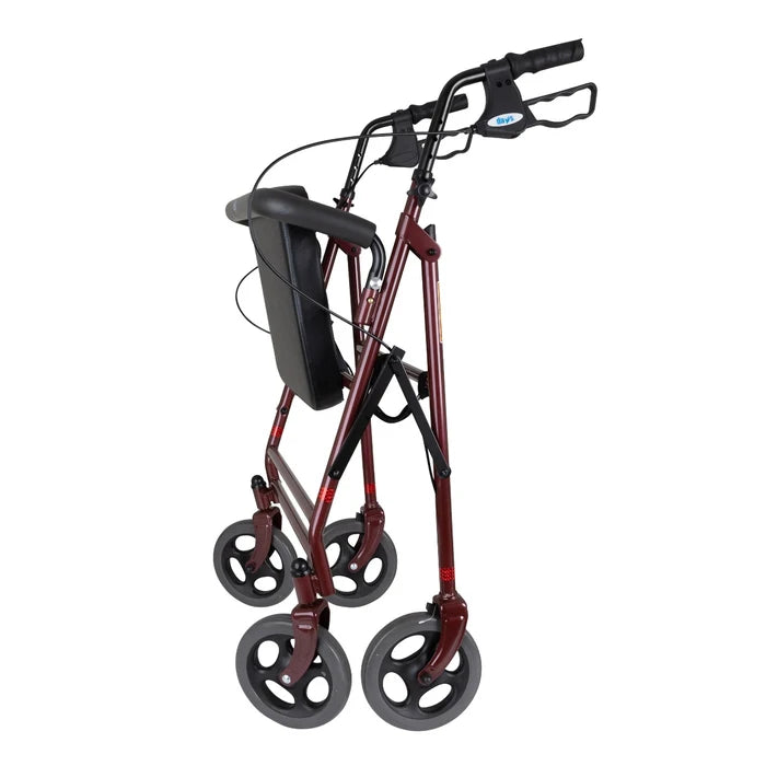Red and black walker with four wheels on a white background