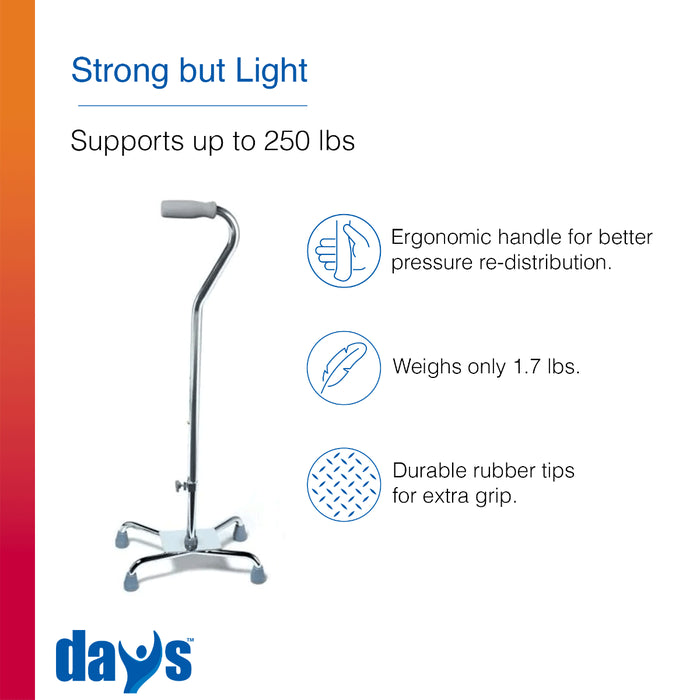 Cane with features highlighted on a white background, including ergonomic handle, weight, and grip.