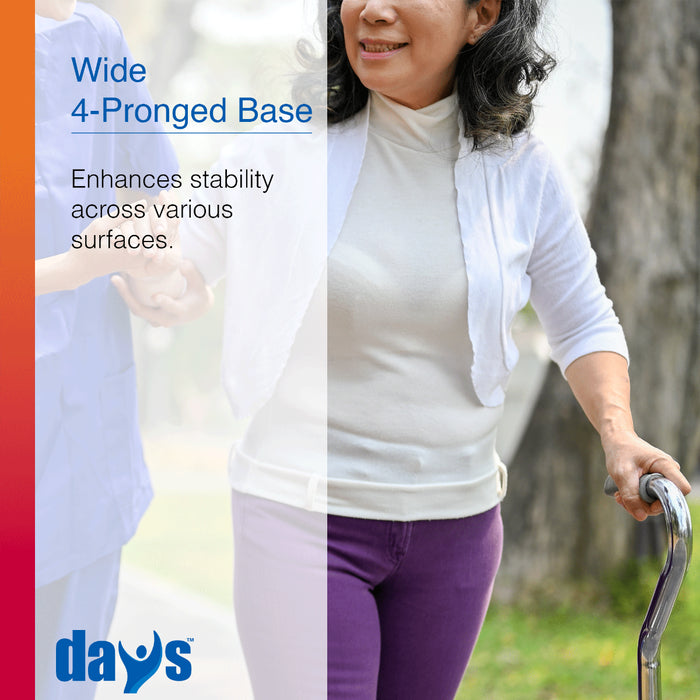 Woman using a cane with text about a wide 4-pronged base enhancing stability, featuring the Days brand. 