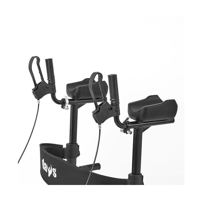 Black rollator armrests with 'days' branding on a white background