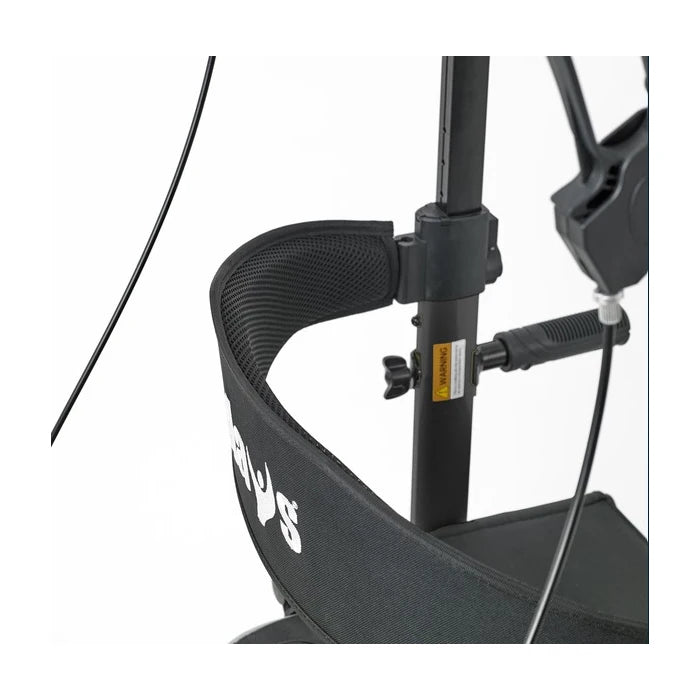 Close-up of a black rollator with visible branding on a white background