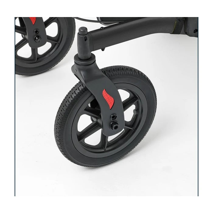 Close-up of a black wheel with red accents on a white background